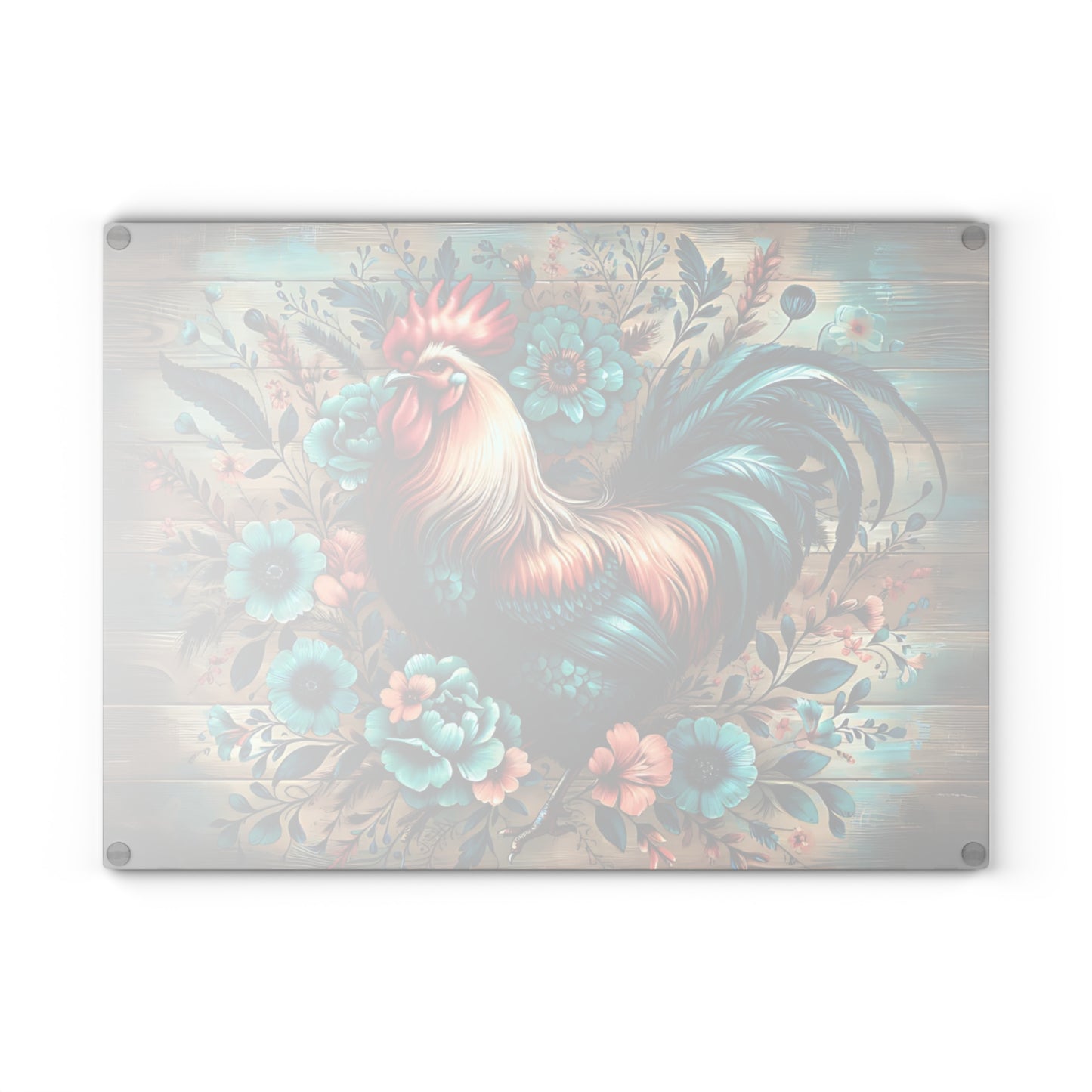 🐓 Rustic Rooster & Teal Floral Cutting Board – Farmhouse Country Kitchen Décor