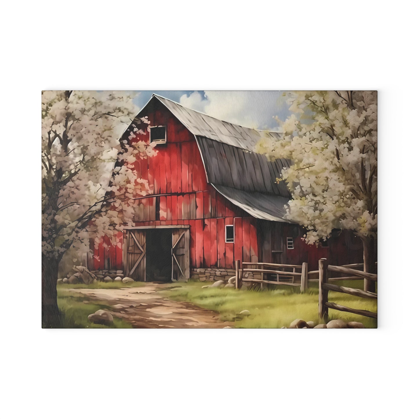 🌸🚜 Rustic Red Barn Blossom Cutting Board – Farmhouse Charm for Your Kitchen 🌾🐓