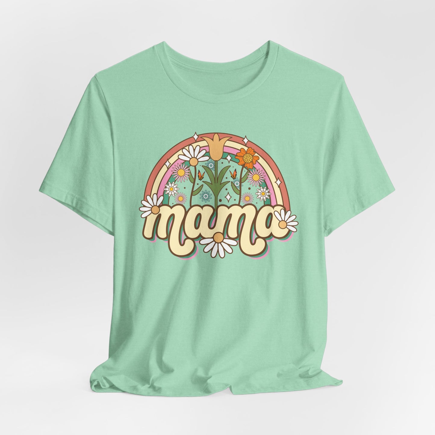 🌼🌈 Retro Floral Mama T-Shirt – Boho Rainbow Graphic Tee for Moms 🌻✨