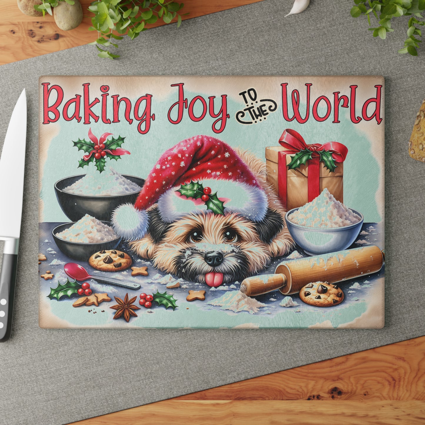 🎄 Baking Joy to the World Puppy Cutting Board – Sweet Holiday Kitchen Cheer 🎅🐾