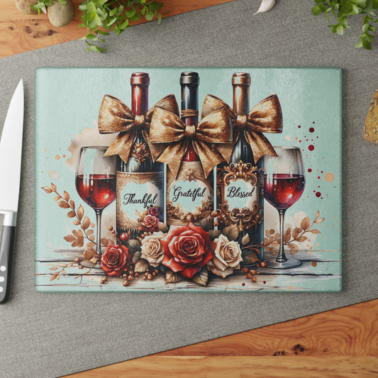 🍷 Thankful, Grateful, Blessed Wine Bottle Cutting Board – Elegant Holiday Kitchen Décor