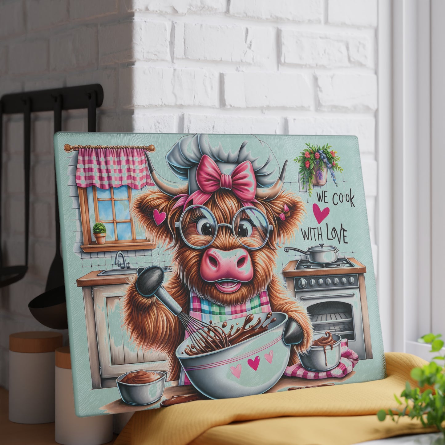🐮 Sweet Highland Cow Baking Cutting Board – "We Cook With Love" Kitchen Whimsy