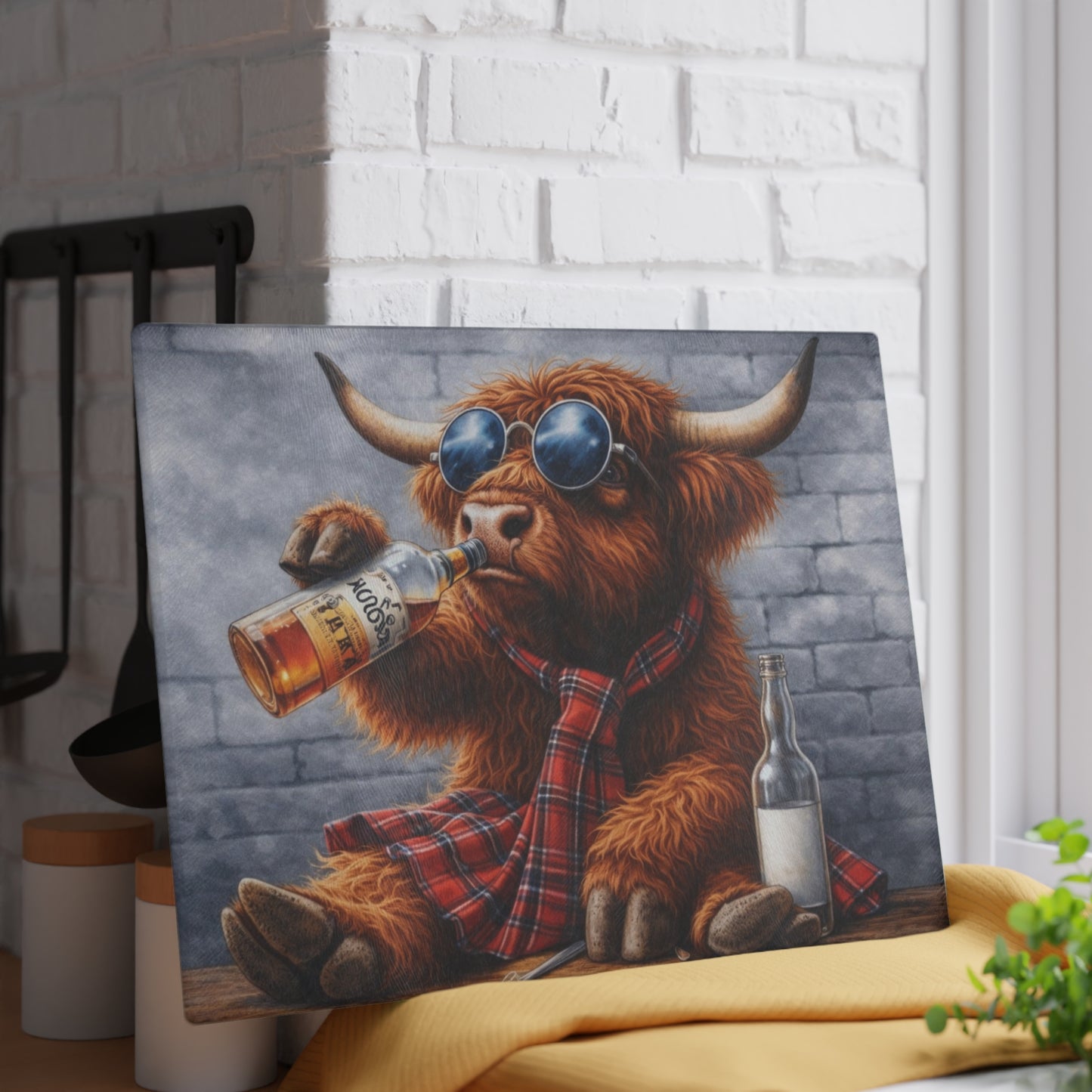 Cool Shades Highland Cow Glass Cutting Board – Playful Farm Bar Art with Bold Rustic Attitude