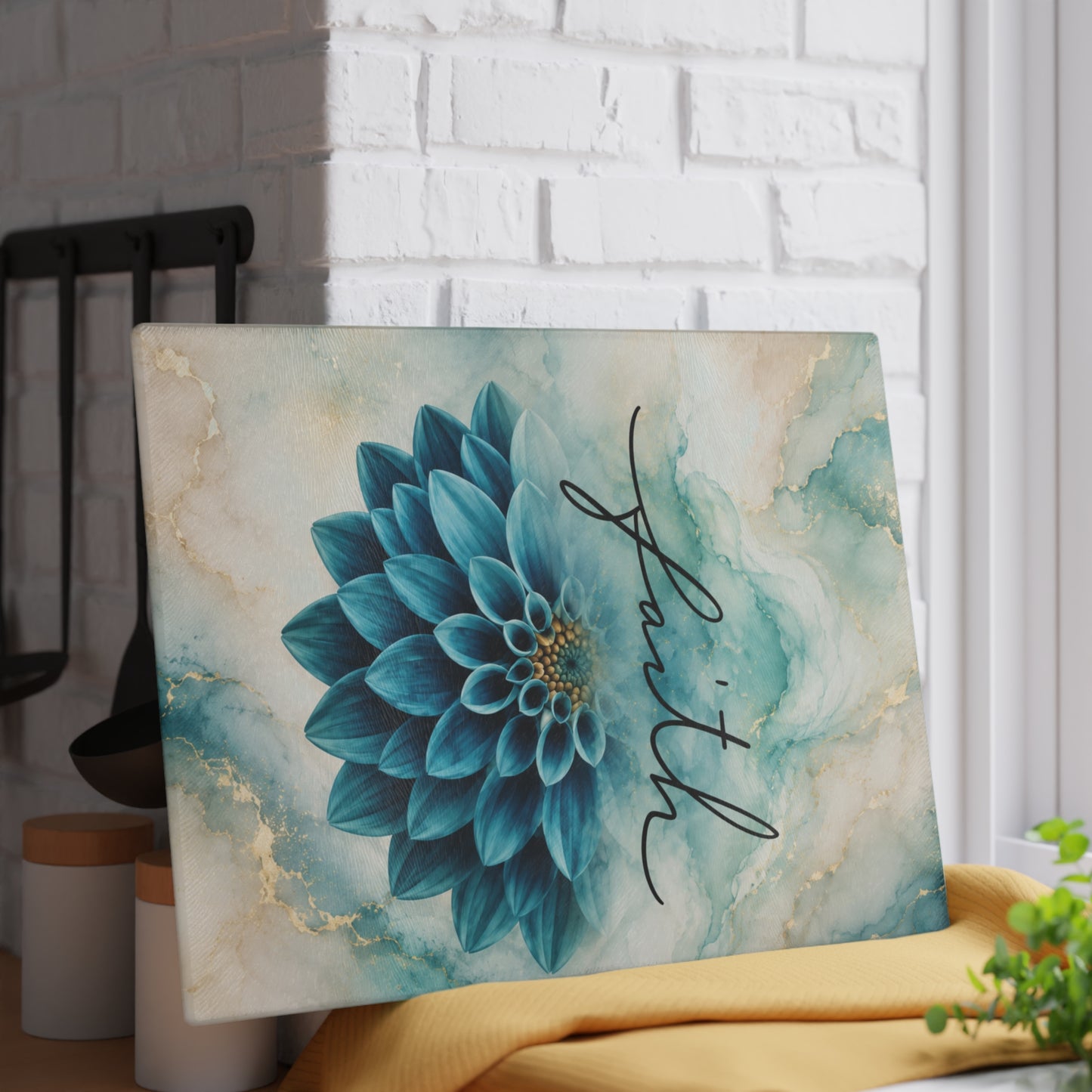 Faith Blue Floral Glass Cutting Board – Elegant Christian Kitchen Decor with Inspirational Scripture Artwork