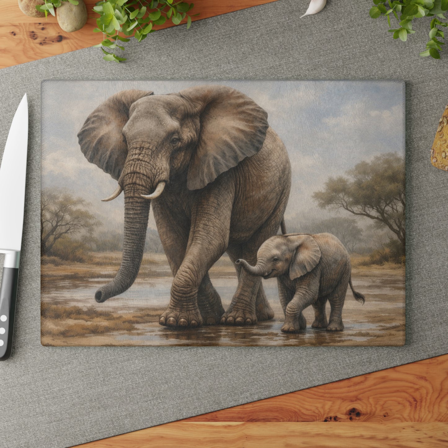 Mother and Baby Elephant Glass Cutting Board – Gentle Safari Wildlife Kitchen Art
