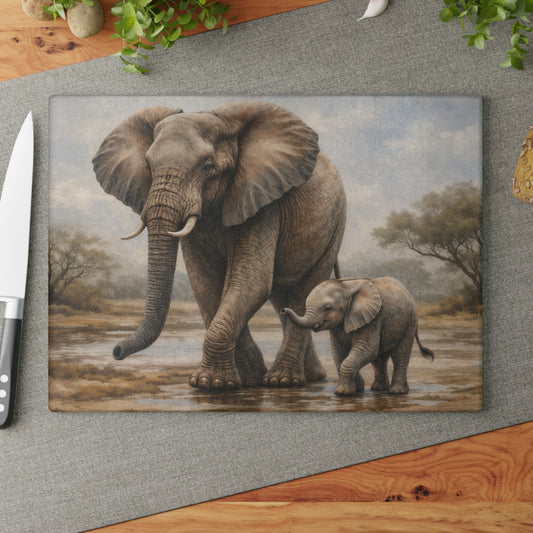 Mother and Baby Elephant Glass Cutting Board – Gentle Safari Wildlife Kitchen Art