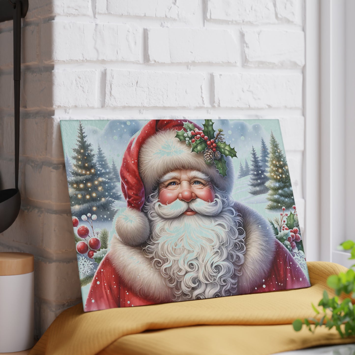 🎅✨ “Jolly Santa in the Pines” Glass Cutting Board – Cozy Charm for Your Kitchen