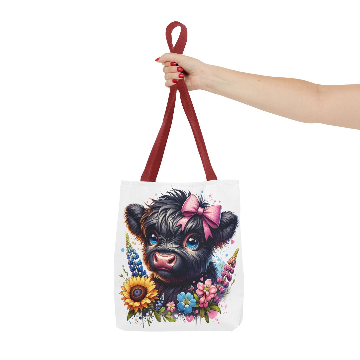 🌸 Black Highland Calf Floral Tote Bag – Sweet Style for Every Age 🐮👜