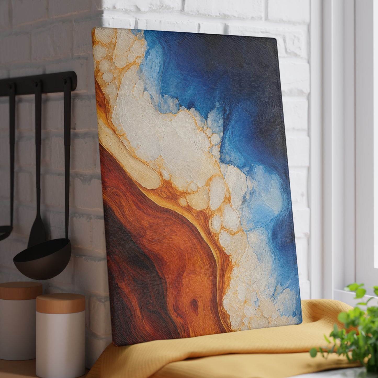 Coastal Resin-Painted Look Ocean Abstract Glass Cutting Board – Blue Waves and Golden Shoreline Artwork