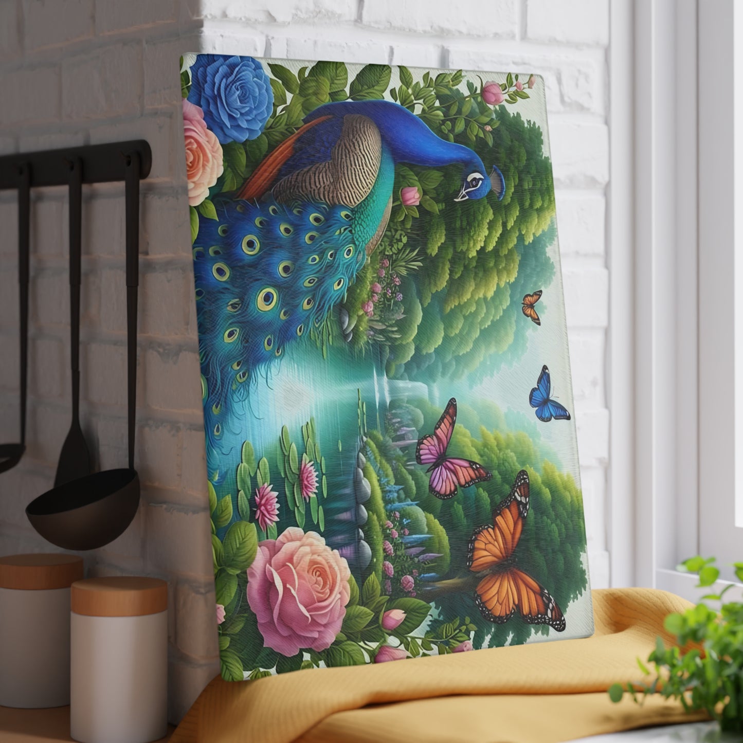 Peacock decor, butterfly decor, cutting board, kitchen decor, kitchen art, serving board, peacock gift, butterfly gift, floral cutting board