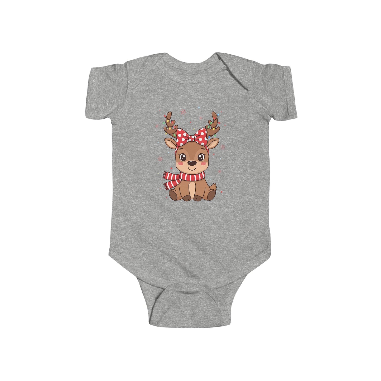 🎀 Reindeer Girl Baby Onesie – Polka Dot Bow & Twinkle Lights Edition 🦌✨