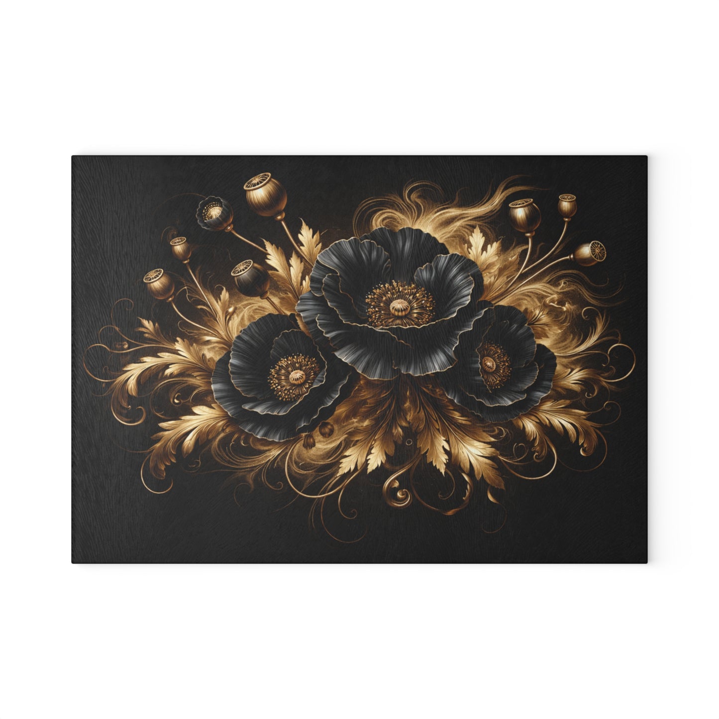 Black & Gold Floral Glass Cutting Board – Elegant Personalized Kitchen Cutting Board