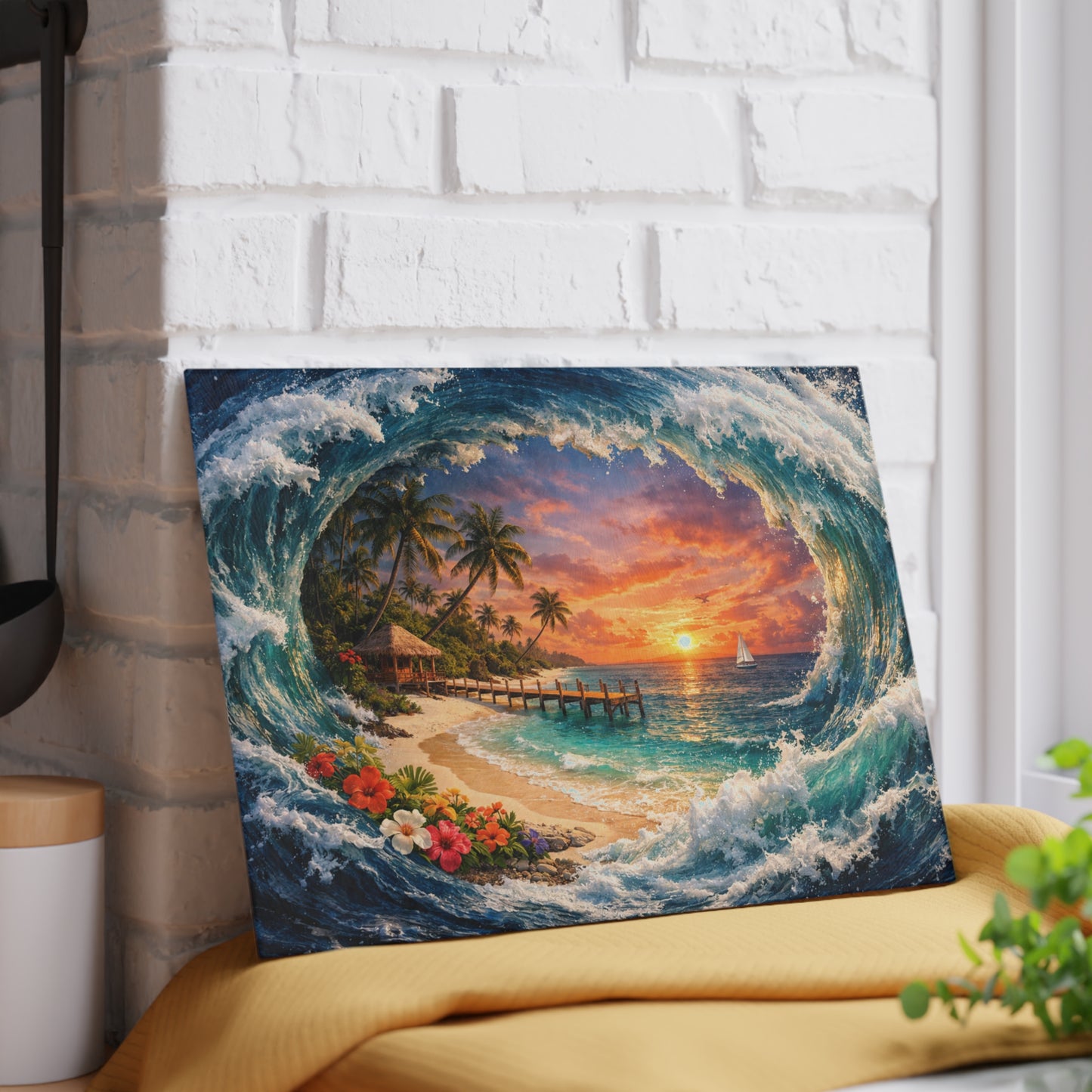 Coastal Escape Glass Cutting Board – Tropical Wave Sunset Kitchen Art & Display Board
