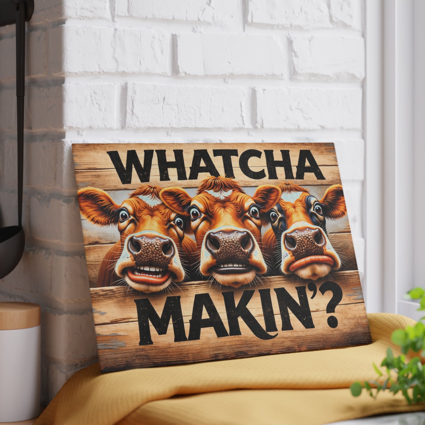 Whatcha Makin’? Glass Cutting Board – Funny Cow Farmhouse Kitchen Decor