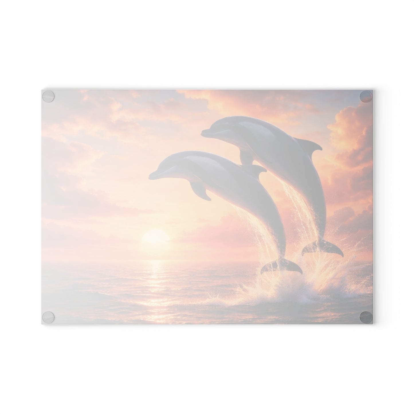 Dolphins at Sunset Glass Cutting Board – Peaceful Ocean Artwork with Golden Horizon
