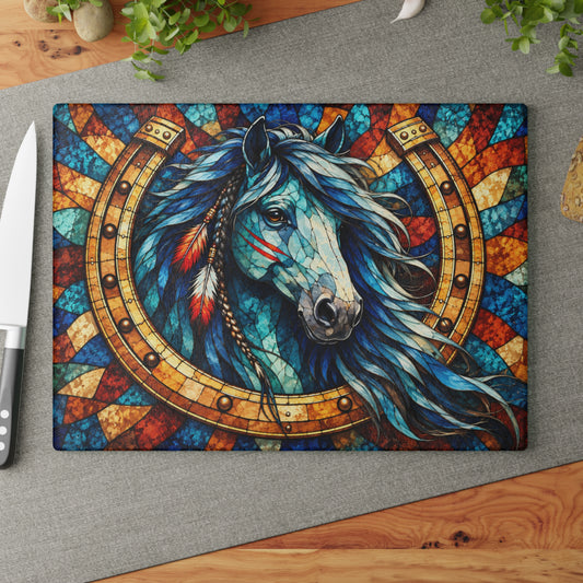 Stained-Glass-Look Horse Glass Cutting Board – Colorful Horseshoe Western Kitchen Decor