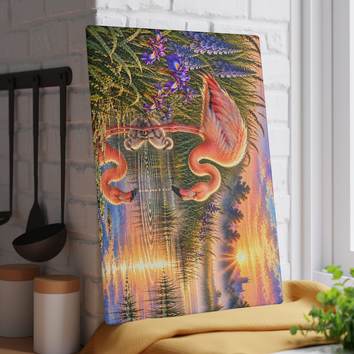 Flamingo & Baby at Sunset – Tempered Glass Cutting Board