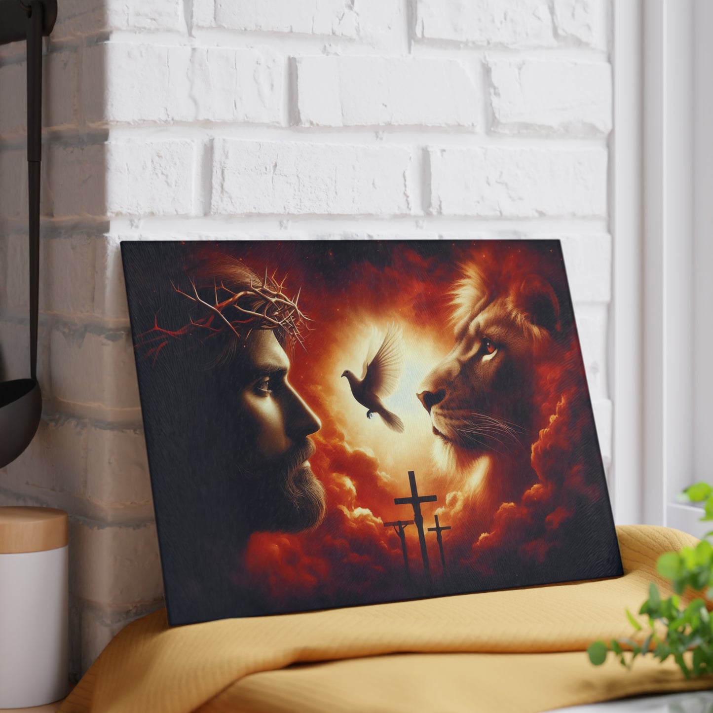 Sacred Light Glass Cutting Board – Faith-Inspired Lion, Dove & Cross Artwork Kitchen Display
