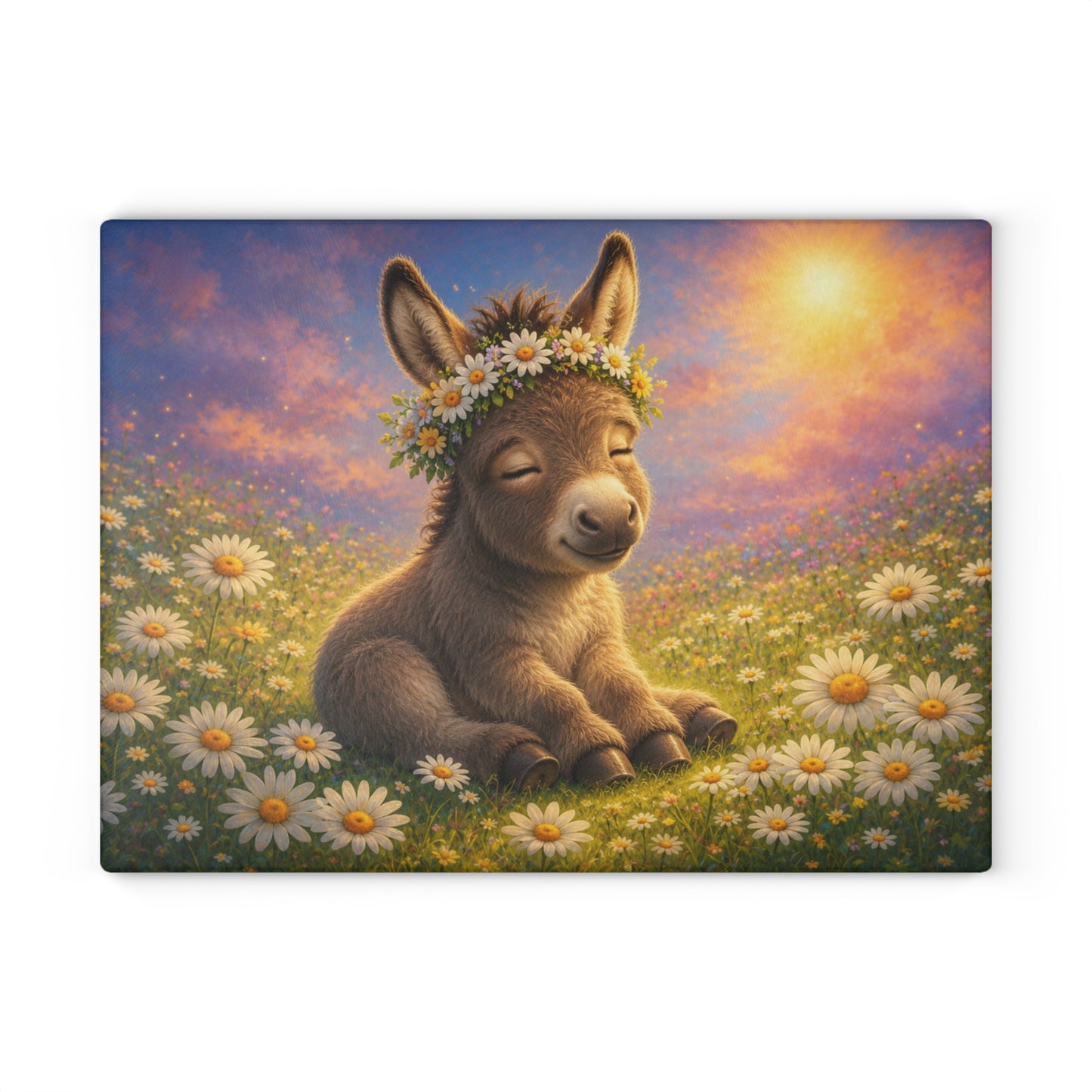 Baby Donkey in Daisy Field Glass Cutting Board – Adorable Farm Animal Kitchen Decor with Floral Meadow Artwork