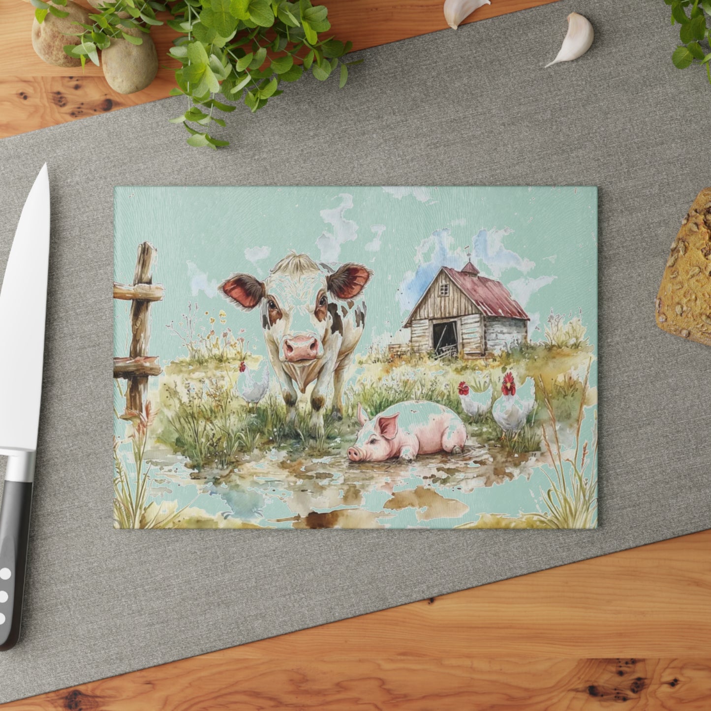 🐮🐷🐔 “Pasture Pals Farm Day” Glass Cutting Board – Sweet Country Scene
