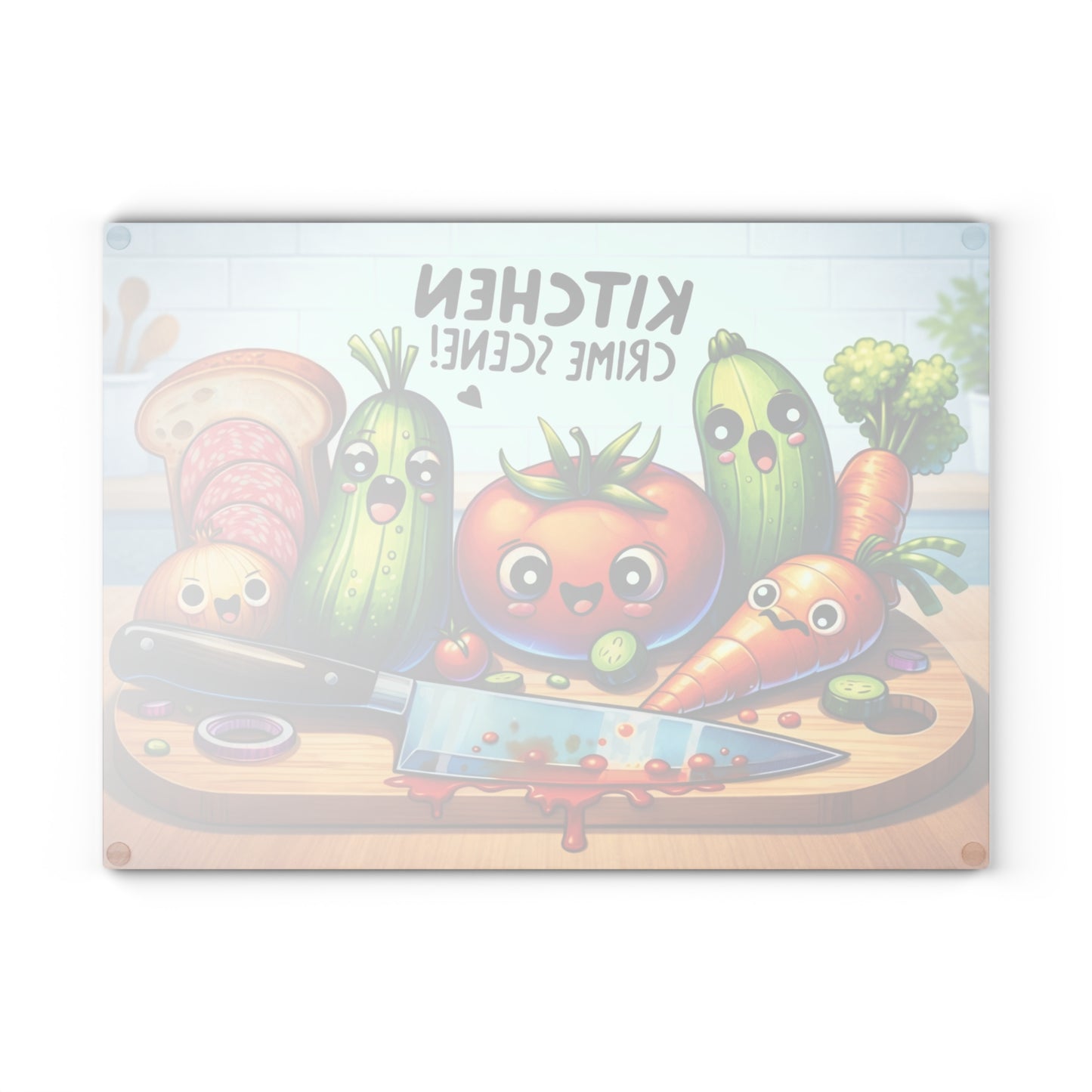 Kitchen Crime Scene Glass Cutting Board – Funny Vegetable Cartoon Kitchen Decor
