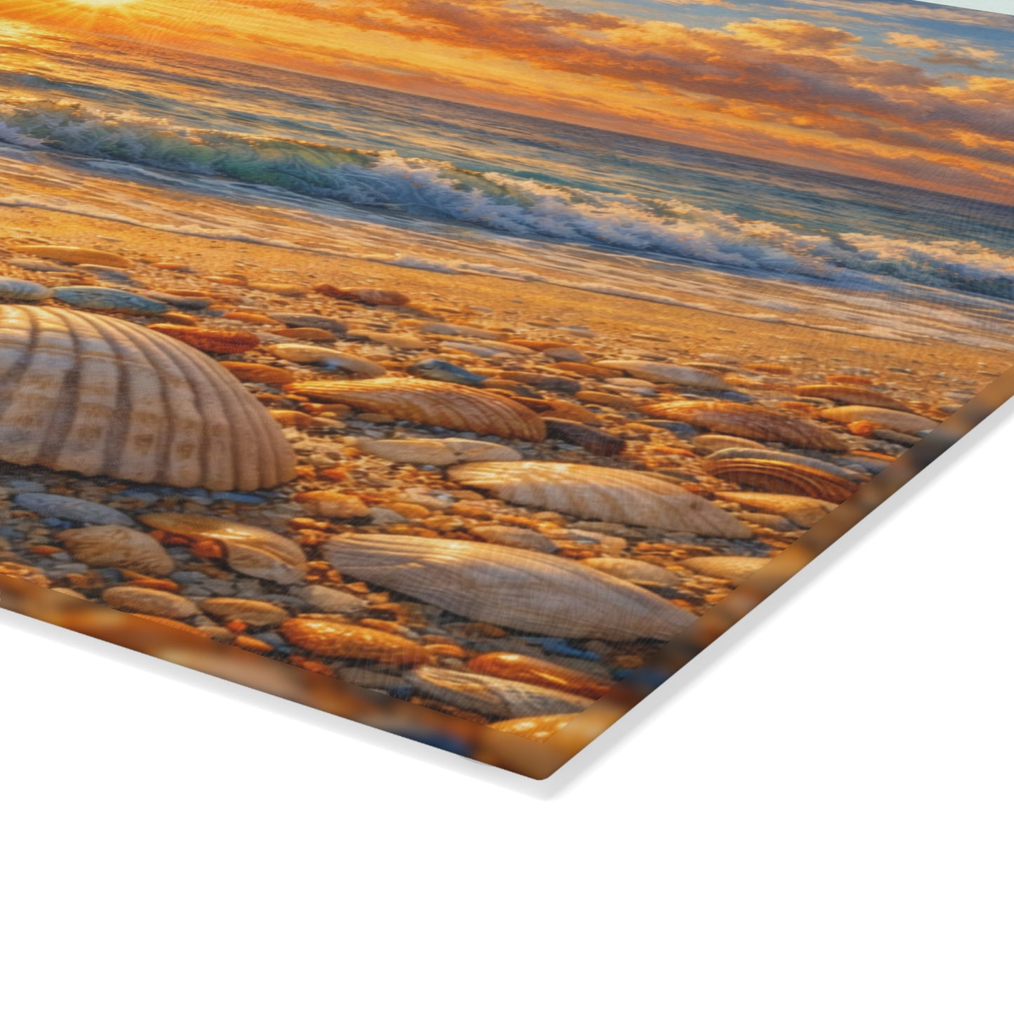 Golden Beach Sunrise Glass Cutting Board – Coastal Seashell Ocean Art