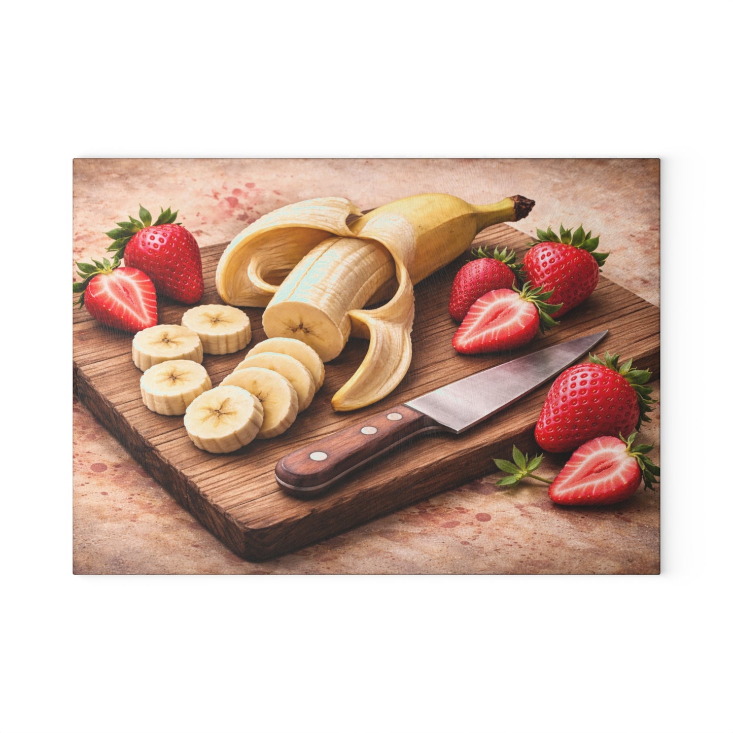 Banana and Strawberry Kitchen Art Glass Cutting Board – Rustic Breakfast Inspired Design