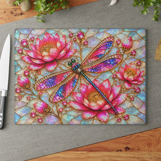 Stained-Glass-Inspired Pink Lotus & Dragonfly Cutting Board – Sparkling Rainbow Wings, Jeweled Blossoms & Iridescent Mosaic Kitchen Décor