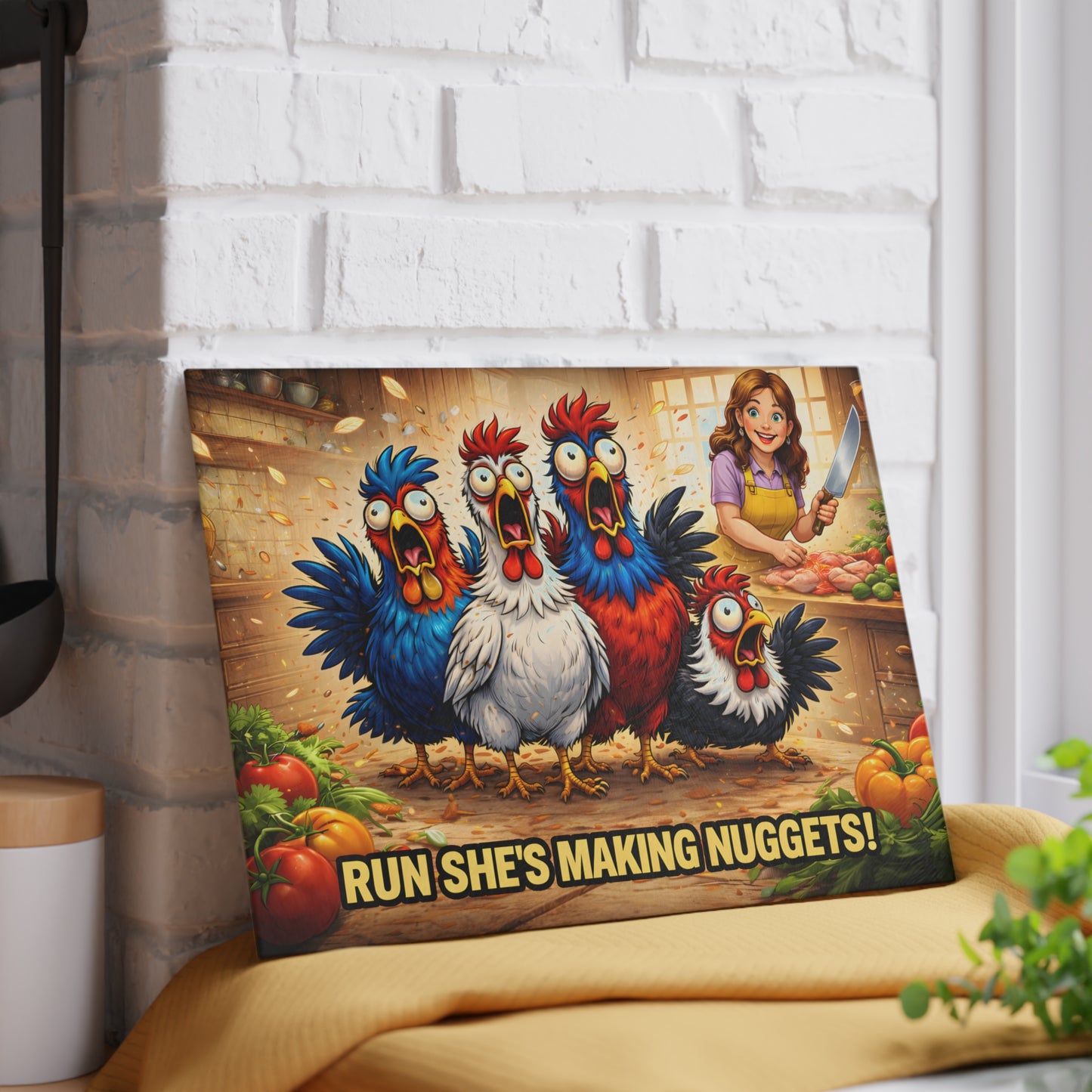 Run She’s Making Nuggets! Glass Cutting Board – Funny Chicken Kitchen Art