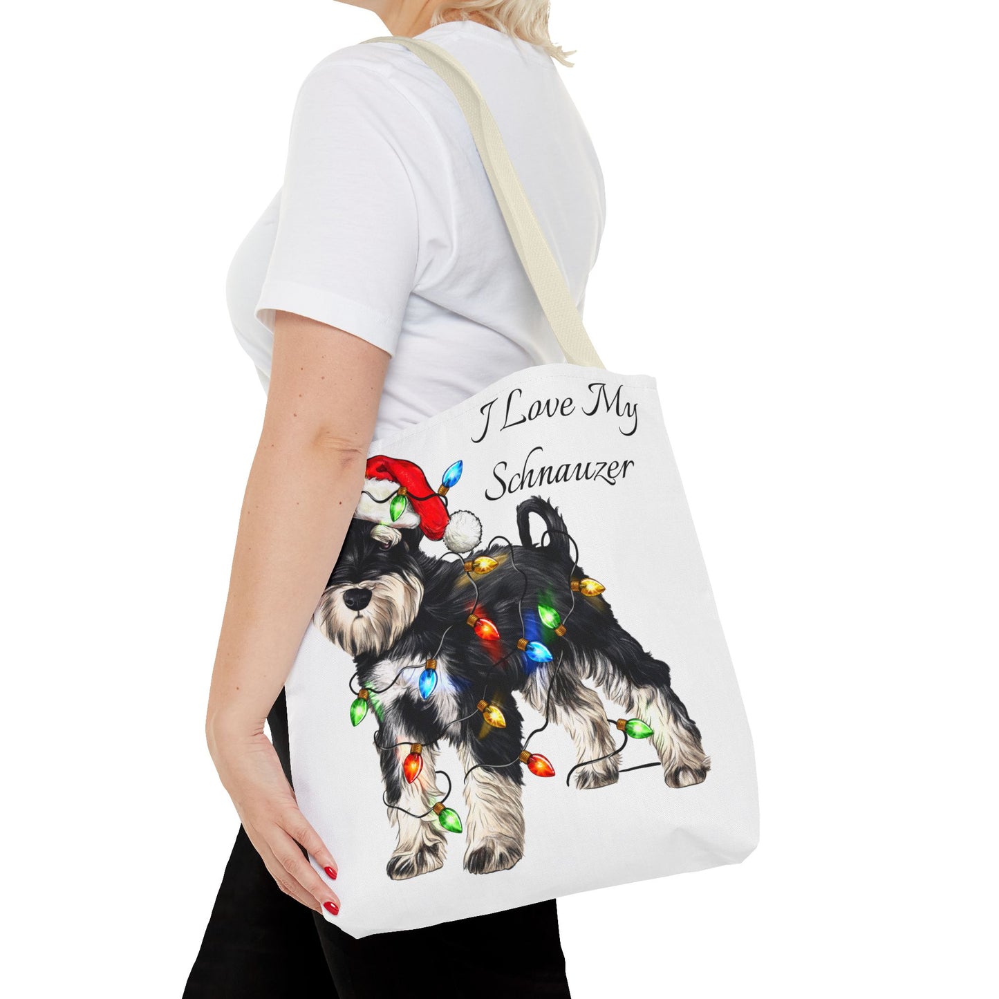 🎄 I Love My Schnauzer Tote Bag – Christmas Lights & Holiday Woofs 🐾