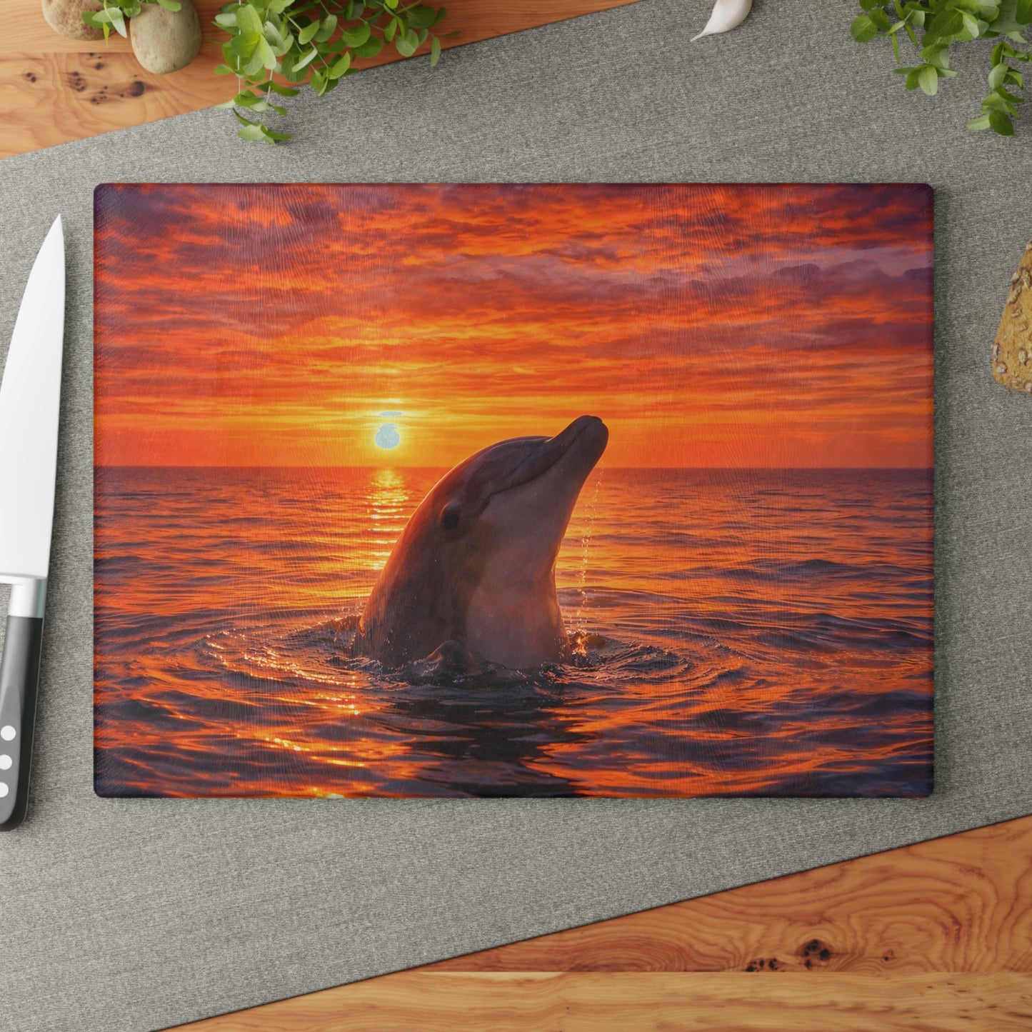 Dolphin Sunset Glass Cutting Board – Ocean Serenity Coastal Kitchen Decor
