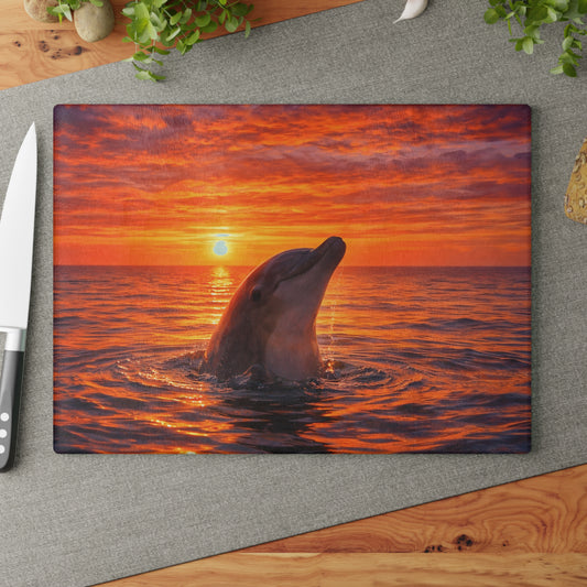 Dolphin Sunset Glass Cutting Board – Ocean Serenity Coastal Kitchen Decor