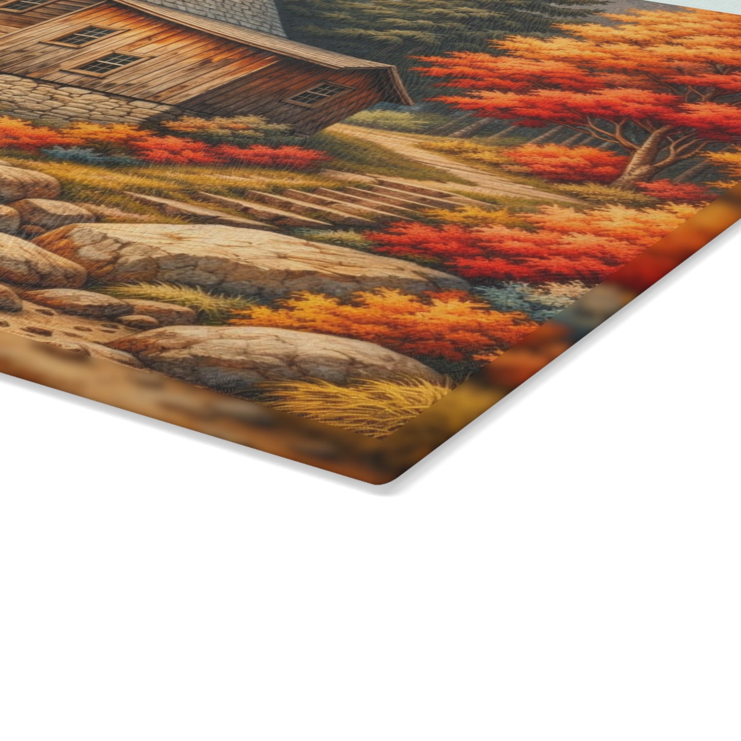 Autumn Watermill Cottage Glass Cutting Board – Rustic Fall Waterfall Kitchen Art