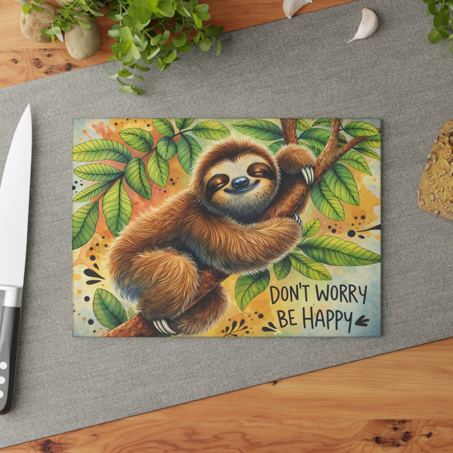 Don’t Worry Be Happy Glass Cutting Board – Whimsical Sloth Artwork
