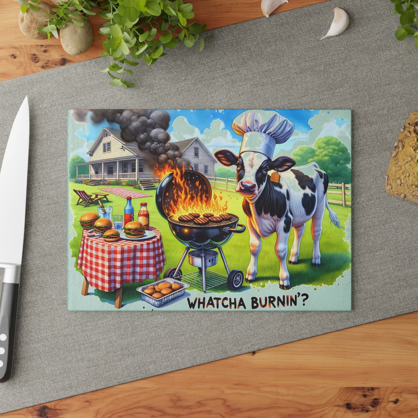 🐮🔥 “Whatcha Burnin’?” Glass Cutting Board – Cozy Charm for Your Kitchen