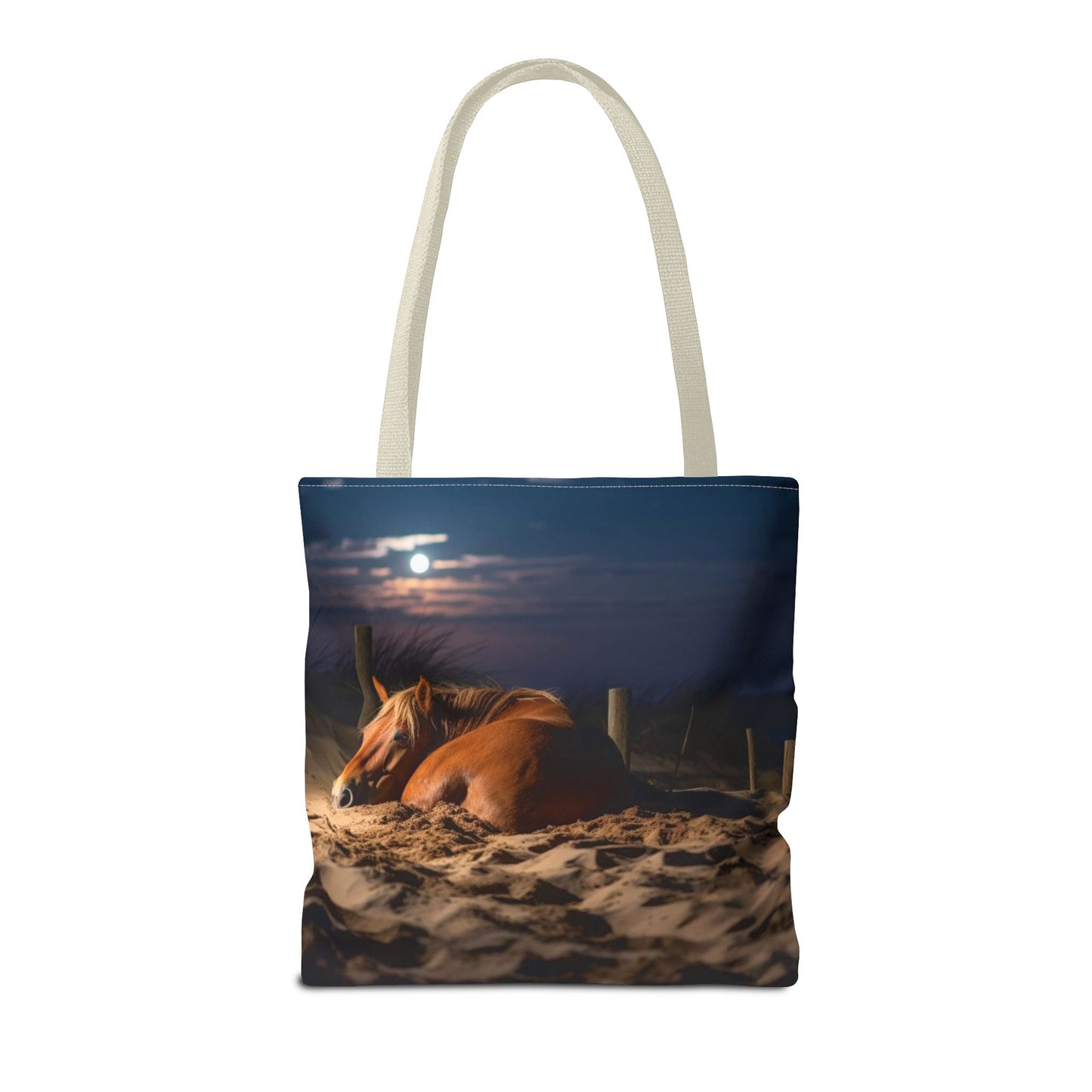 Bolsa de tela "Caballo durmiendo en la playa bajo la luz de la luna": una escapada serena a cada paso