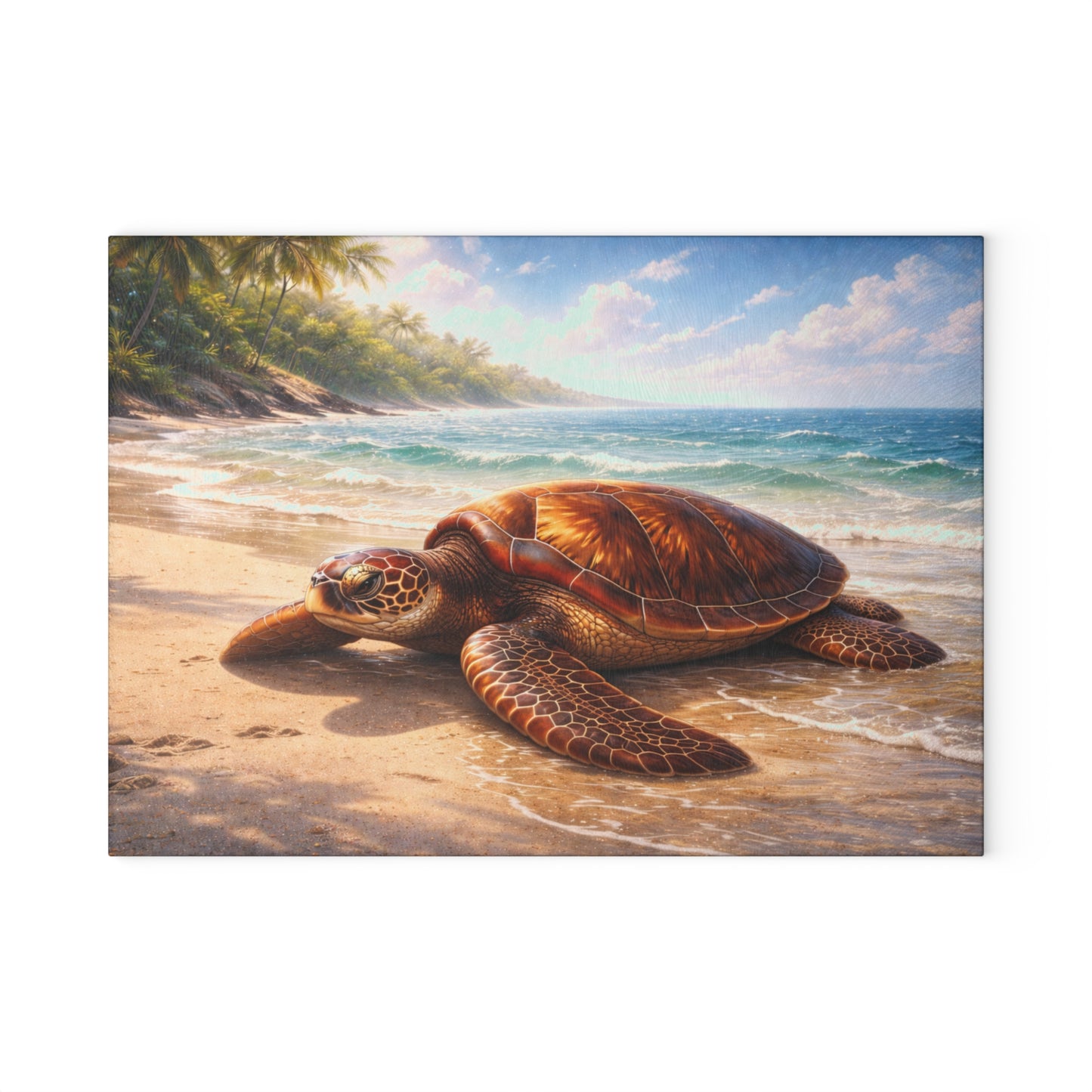 Sea Turtle Tropical Beach Glass Cutting Board – Coastal Ocean Wildlife Kitchen Art