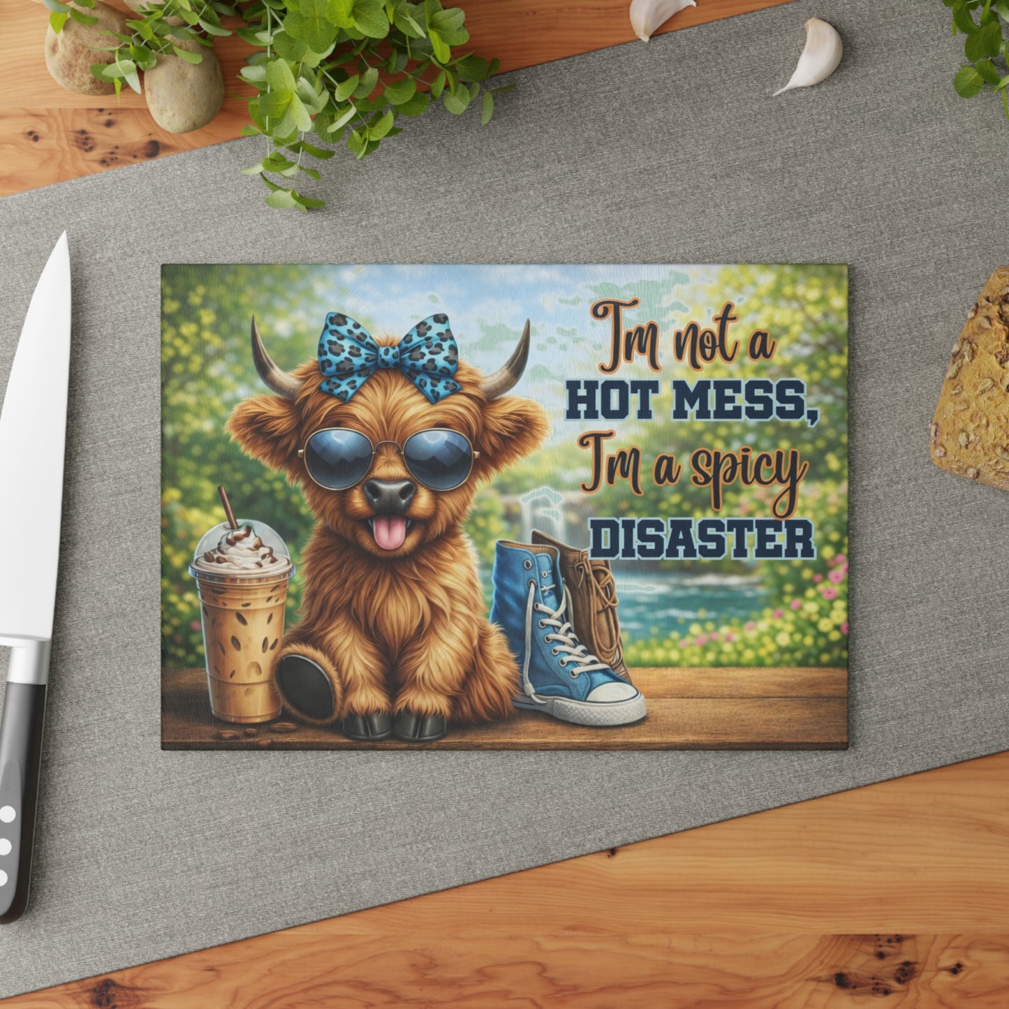 I’m Not a Hot Mess, I’m a Spicy Disaster Glass Cutting Board – Sassy Highland Cow Kitchen Artwork