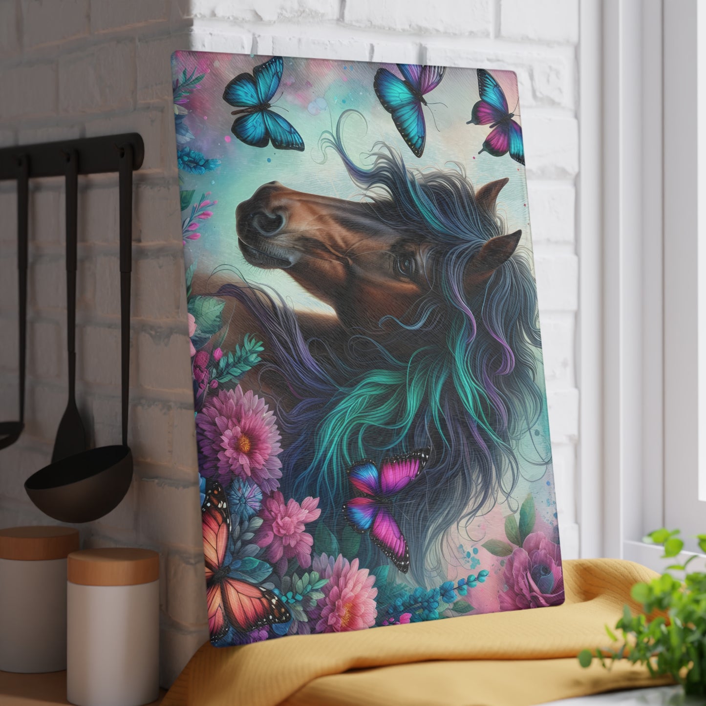 🦋 Majestic Horse & Butterfly Dreamscape Cutting Board – Artistic Elegance for Your Kitchen 🌸