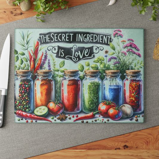 🌿 The Secret Ingredient Is Love Cutting Board – Colorful Herbs & Spices with Farmhouse Charm 🍅💚