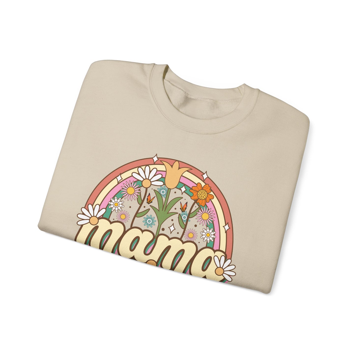 🌼🌈 Retro Floral Mama Sweatshirt – Vintage Rainbow Daisy Mom Crewneck