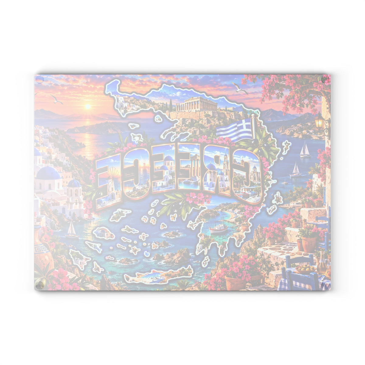 Greece Cutting Board – Greek Islands Map, Santorini Blue Domes, Parthenon, Aegean Sea & Mediterranean Kitchen Décor