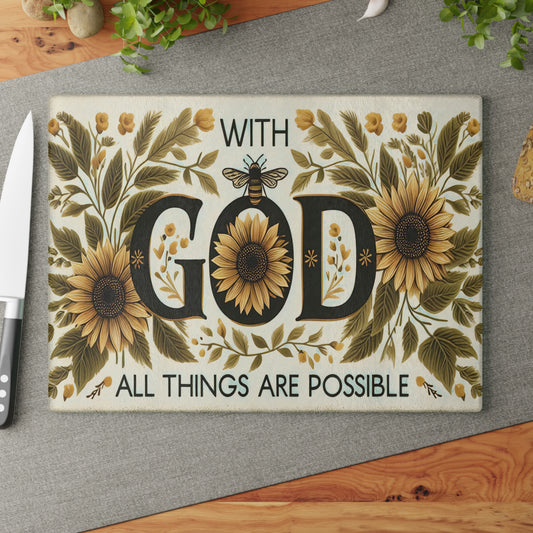 🌻🐝 With God All Things Are Possible Sunflower Cutting Board – Faithful Elegance for Your Kitchen 🐝🌻