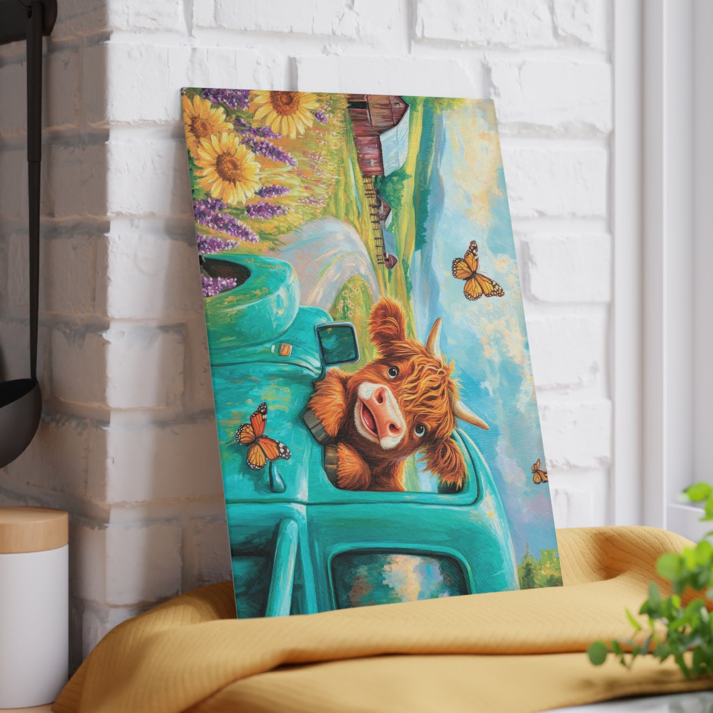 🚜🌻 Baby Highland Cow in Old Truck Glass Cutting Board – Rustic Farm Charm with Sunflowers & Barn 🌼