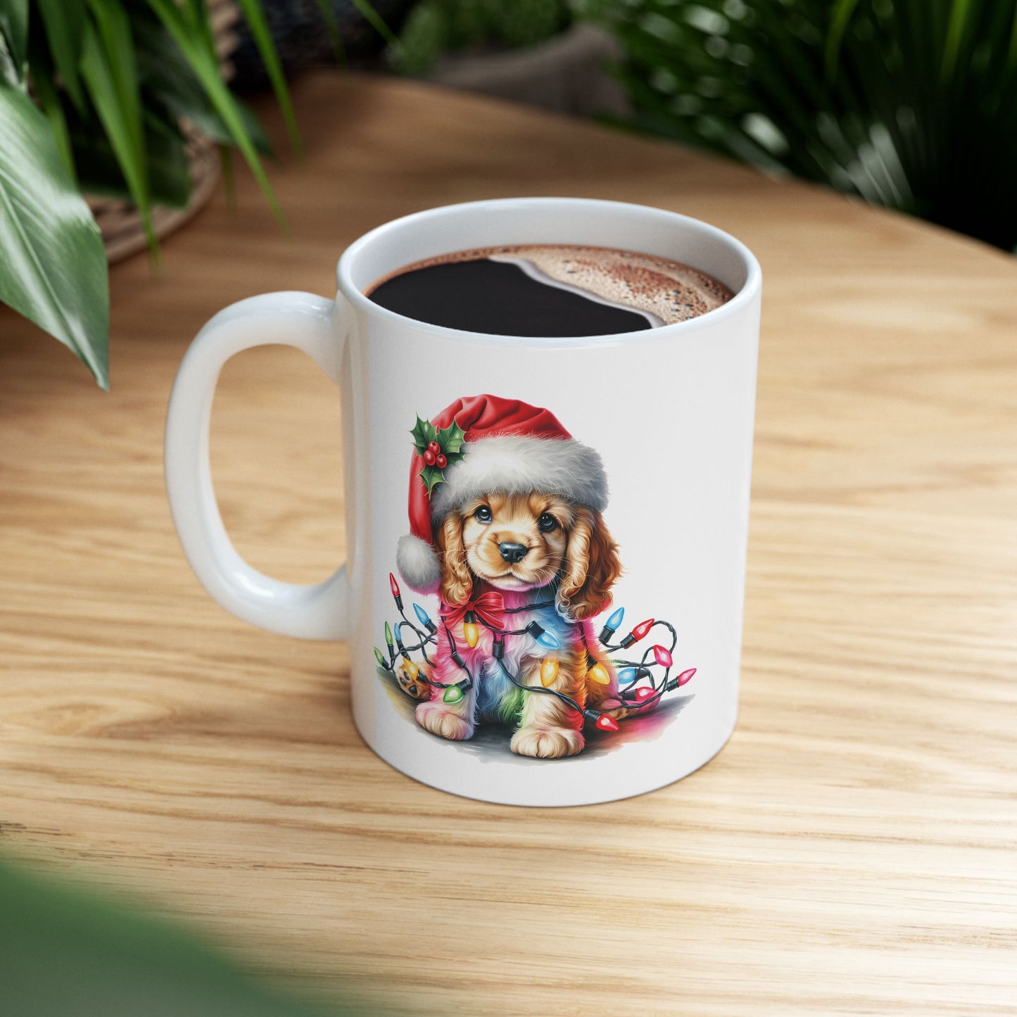 🎁 Cocker Spaniel Christmas Lights Mug – Sweet Holiday Cheer with a Bow 🎄🐶