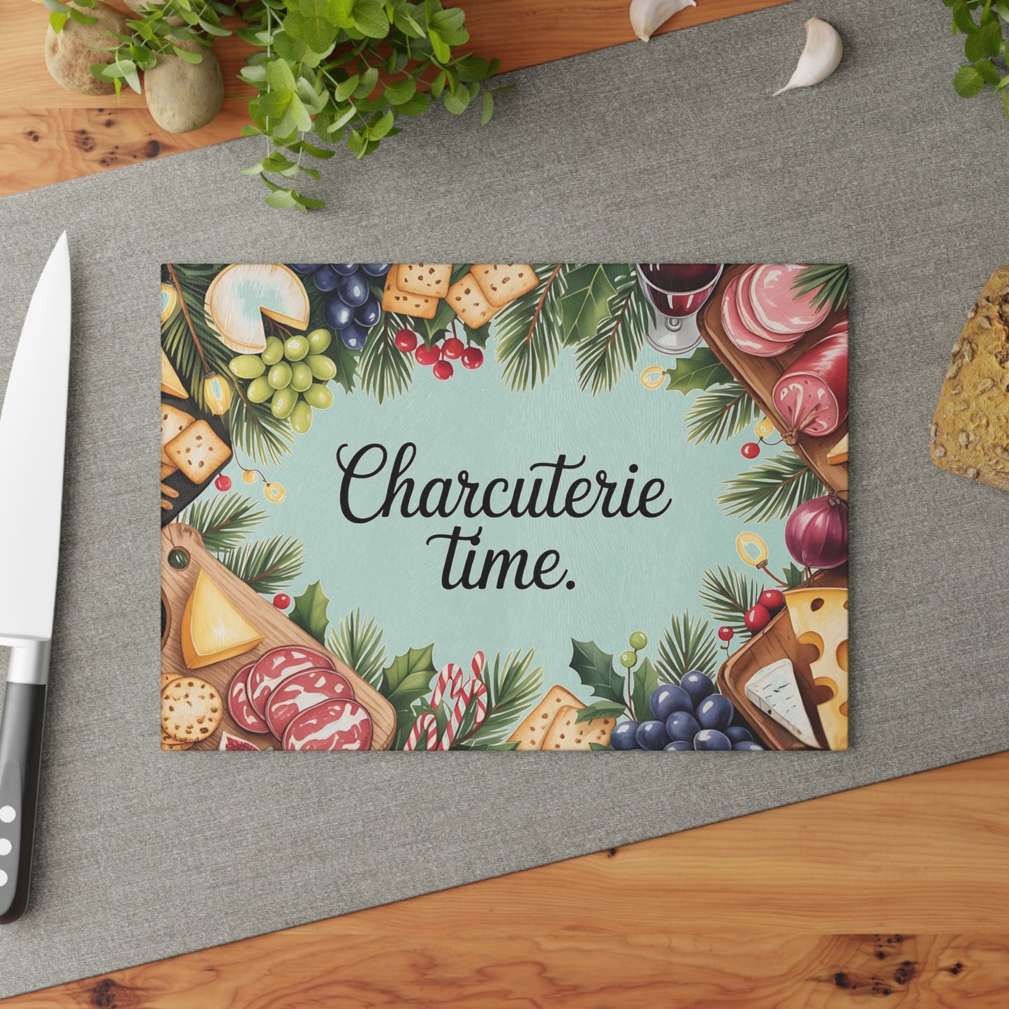 🧀🍇 “Snack Board Time” Glass Cutting Board – Festive Spread Vibes for Your Kitchen