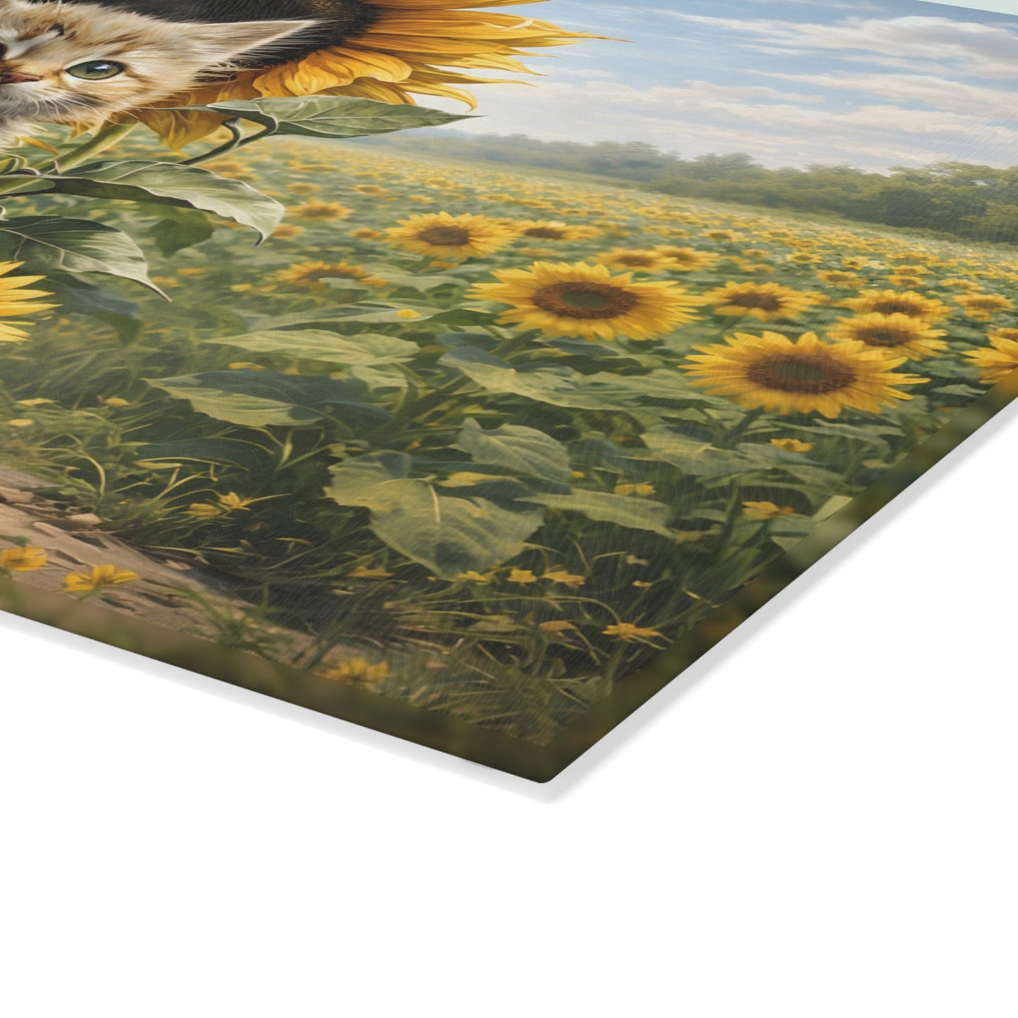 Sunflower Kitten Glass Cutting Board – Whimsical Floral Cat Art Kitchen Decor