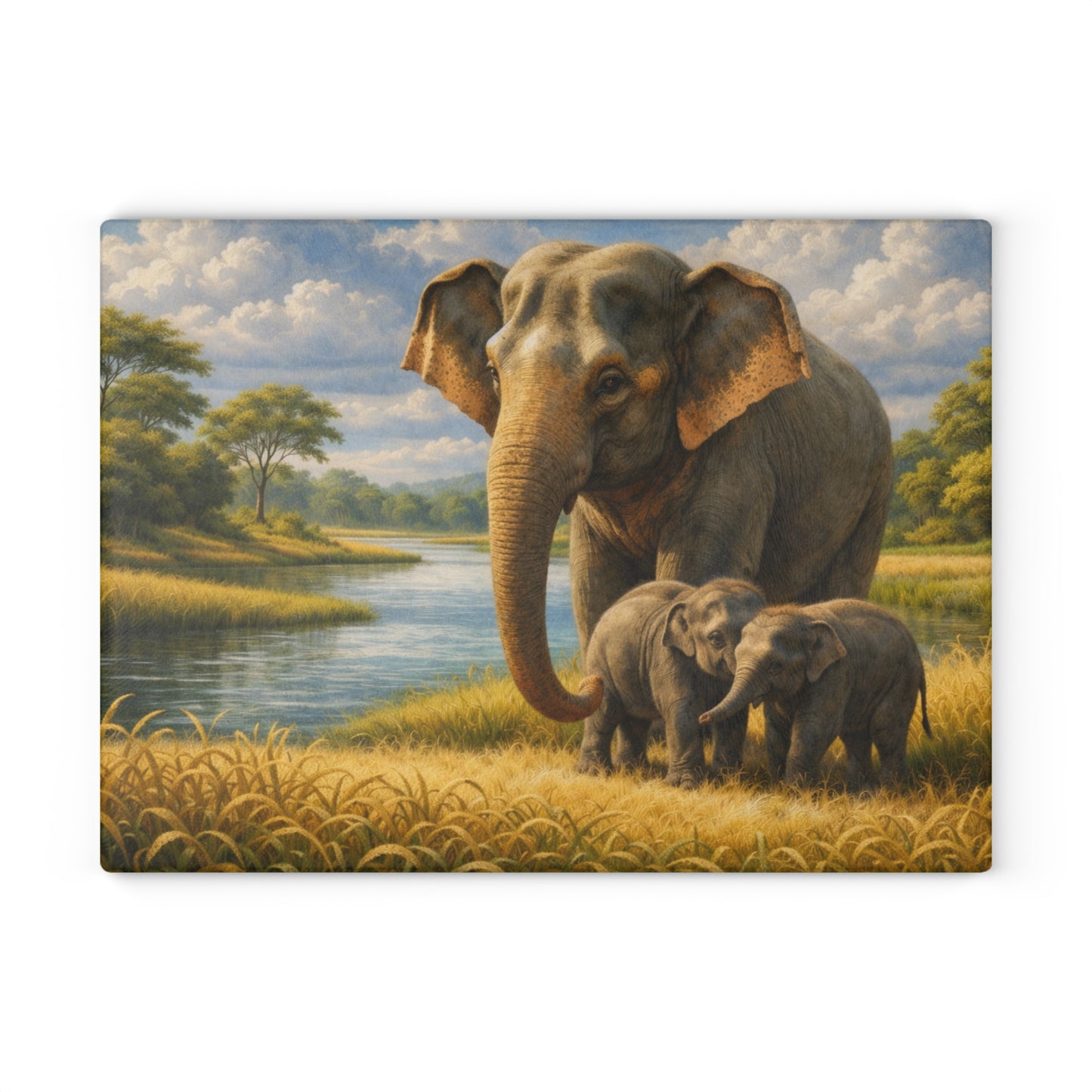 Elephant Family River Meadow Glass Cutting Board – Peaceful Wildlife Landscape Kitchen Art