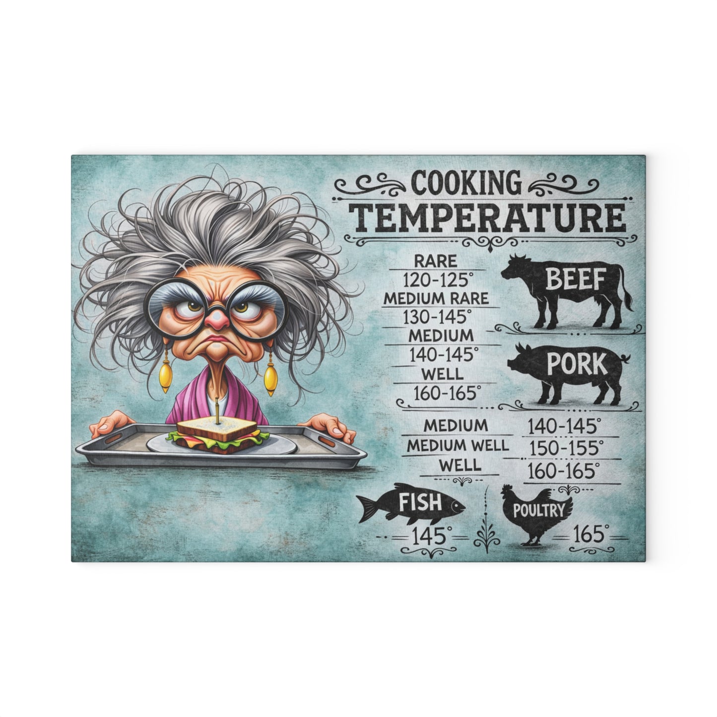 Cooking Temperature Guide Glass Cutting Board – Funny Kitchen Conversion & Meat Temperature Chart Decor