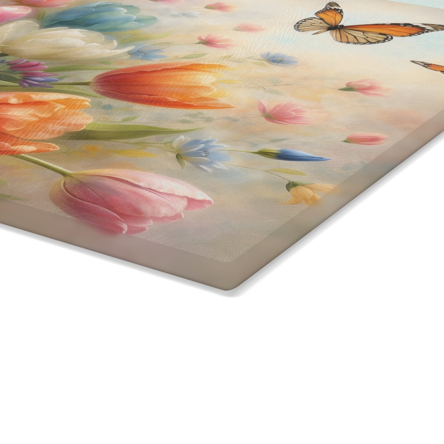 Tulips and Butterflies Glass Cutting Board – Elegant Floral Spring Kitchen Art